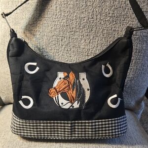 Black Horse Embroidered Checkered Horseshoe Shoulder Bag 10" X 7"
